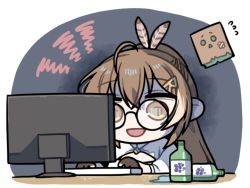 Rule 34 | 1girl, ahoge, alcohol, berry, bespectacled, blueberry, brown eyes, brown hair, cleavage cutout, clipe, clothing cutout, dark room, feather hair ornament, feathers, food, friend (nanashi mumei), fruit, glasses, gloves, hair ornament, hairclip, hololive, hololive english, keyboard (computer), long hair, monitor, multicolored hair, nanashi mumei, partially fingerless gloves, ponytail, screen light, shirt, soju, streaked hair, very long hair, virtual youtuber, white shirt
