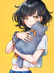 Rule 34 | 1girl, :d, absurdres, animal, black hair, blush, cat, commentary request, grey cat, highres, holding, holding animal, holding cat, looking at viewer, midriff, navel, open mouth, original, scrunchie, shinishi chiho, shirt, short hair, short sleeves, signature, simple background, smile, solo, swept bangs, upper body, white shirt, wrist scrunchie, wristband, yellow background, yellow eyes