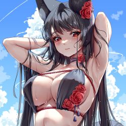Rule 34 | 1girl, absurdres, animal ear fluff, animal ears, armpits, arms up, bad id, bad twitter id, bikini, black bikini, black hair, blush, breasts, choker, cleavage, closed mouth, cloud, cloudy sky, commentary, earrings, english commentary, flower, flower bikini, flower choker, flower earrings, fox ears, fox tail, highres, jewelry, large breasts, long hair, looking at viewer, original, red eyes, red flower, red rose, rose, sky, swimsuit, tacco (tikeworld), tail, wet