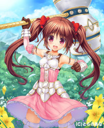 Rule 34 | 1girl, armor, bare shoulders, boots, bow, breastplate, brown hair, dress, elbow gloves, endou hiroto, faulds, flat chest, flower, gloves, hair bow, hammer, harem gain, highres, long hair, md5 mismatch, mountain, official art, original, red eyes, solo, thigh boots, thighhighs, twintails
