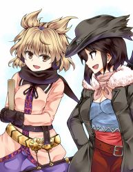 Rule 34 | 2girls, adapted costume, bad id, bad pixiv id, black hair, blonde hair, blouse, blue background, blue shirt, breasts, brown eyes, cleavage, coat, earmuffs, eye contact, hair flaps, hat, kurokoma saki, looking at another, multiple girls, open mouth, overcoat, pink shirt, red eyes, ritual baton, scarf, shirt, simple background, touhou, toyosatomimi no miko, winter clothes, zetsumame