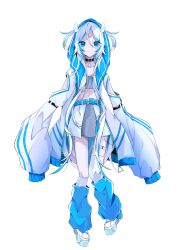 Rule 34 | 1girl, asymmetrical legwear, black choker, blue eyes, blue eyeshadow, blue hair, choker, closed mouth, coat, crop top, denonbu, eyeshadow, full body, goma irasuto, hair between eyes, highres, hood, hood up, hourglass, leg warmers, long hair, long sleeves, looking at viewer, makeup, midriff, miniskirt, multicolored hair, neneruneru, official art, open clothes, open coat, pleated skirt, robot, shoes, skirt, sleeves past fingers, sleeves past wrists, smile, solo, standing, streaked hair, thigh strap, transparent background, two side up, very long hair, white coat, white footwear, white hair, white skirt, wing hair ornament