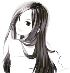 Rule 34 | 1girl, greyscale, hair over shoulder, lips, long hair, looking at viewer, looking back, monochrome, off-shoulder shirt, off shoulder, original, parted lips, poaro, shirt, signature, simple background, smile, solo, white background