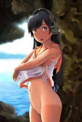 Rule 34 | 1girl, :d, bare arms, bare shoulders, black hair, blue eyes, blurry, blurry background, blush, bottomless, cave, clothes lift, cowboy shot, day, depth of field, headgear, highres, i-400 (kancolle), japanese flag, kantai collection, lifting own clothes, long hair, looking at viewer, naked shirt, navel, ocean, one-piece tan, open mouth, orange sailor collar, outdoors, ribbon, sailor collar, see-through, shirt, shirt lift, sleeveless, sleeveless shirt, smile, solo, standing, stomach, straight hair, swept bangs, tan, tanline, tareme, thighs, undressing, wa (genryusui), water drop, wet, wet clothes, wet shirt, white ribbon, white shirt
