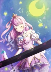 Rule 34 | 1girl, absurdres, blush, candy hair ornament, closed eyes, collarbone, commentary, crown, dress, english commentary, food-themed hair ornament, hair ornament, hair rings, highres, himemori luna, himemori luna (1st costume), hololive, instrument, long hair, moon, musical note, night, piano, pink hair, smile, solo, virtual youtuber