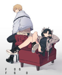 Rule 34 | 1boy, 1girl, absurdres, back, black hair, black skirt, blonde hair, couch, crown, denim, earrings, fate/grand order, fate (series), gilgamesh (fate), highres, ishtar (fate), ishtar (fate), jacket, jeans, jewelry, crossed legs, long hair, looking at viewer, lying, on back, open mouth, pants, pleated skirt, red eyes, shoes, sitting, skirt, sneakers, tarou2