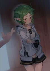 Rule 34 | 1girl, absurdres, ahoge, black shorts, brown eyes, collarbone, cowboy shot, dark, elf, green hair, hand on own arm, highres, hood, hoodie, light blush, looking away, looking to the side, mushoku tensei, open clothes, open hoodie, outstretched hand, parted bangs, pointy ears, rudeus greyrat, sad, shirt, short eyebrows, short hair, short shorts, shorts, solo focus, sylphiette (mushoku tensei), uedrk yamato, wet, wet clothes, wet shirt, white hoodie, white shirt, wide sleeves