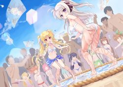 Rule 34 | 6+boys, 6+girls, ahoge, arm up, arms up, ass, barefoot, bikini, black hair, blonde hair, blue bikini, blue sarong, blush, breasts, brown hair, caro ru lushe, character request, cloud, faceless, faceless female, faceless male, fate testarossa, fuuka reventon, green bikini, green sarong, hand to own mouth, hands on own chest, holographic monitor, leaning forward, legs, long hair, looking at viewer, lotion, lyrical nanoha, mahou shoujo lyrical nanoha, medium breasts, mini person, minigirl, multiple boys, multiple girls, navel, one-piece swimsuit, open mouth, outdoors, outstretched arms, own hands together, pink bikini, pink hair, pink one-piece swimsuit, pink skirt, ponytail, purple bikini, purple eyes, red eyes, reinforce zwei, ribbon, rinne berlinetta, sarong, short hair, shouting, side ponytail, skirt, sky, small breasts, smile, sumo, swimsuit, swimsuit skirt, takamachi nanoha, tenjou ryuka, thighs, time paradox, trembling, twintails, two side up, very long hair, vivid strike!, vivio, white bikini, white hair, yagami hayate