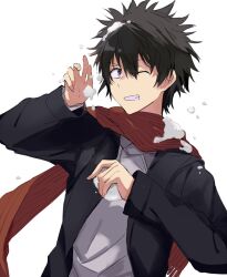 Rule 34 | 1boy, anninn do fu, black eyes, black hair, brown scarf, commentary request, hands up, kamijou touma, long sleeves, looking at viewer, male focus, one eye closed, scarf, short hair, snow, snowball, solo, teeth, toaru majutsu no index, toaru majutsu no index: old testament, upper body, winter