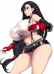 Rule 34 | 1990s (style), 1girl, 774 (nanashi), bad id, bad pixiv id, bare shoulders, belt, black hair, breasts, cowboy shot, earrings, final fantasy, final fantasy vii, fingerless gloves, gloves, huge breasts, impossible clothes, jewelry, long hair, low-tied long hair, microskirt, midriff, navel, no bra, panties, pantyshot, red eyes, red gloves, retro artstyle, simple background, skirt, solo, standing, suspender skirt, suspenders, tank top, thick thighs, thighs, tifa lockhart, underwear, very long hair, white background, white panties
