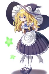 Rule 34 | 1girl, arms behind back, ascot, bare shoulders, black footwear, black hat, blonde hair, blue ascot, braid, commentary, detached collar, full body, hat, highres, kirisame marisa, leaning forward, long hair, looking at viewer, mary janes, oversized hat, shoes, simple background, single braid, solo, star (symbol), tagme, touhou, white background, witch hat, y kirisame sk, yellow eyes