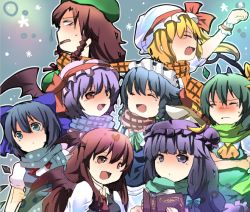 Rule 34 | 6+girls, :d, ^ ^, blunt bangs, blush, breath, brown hair, cirno, clenched hand, closed eyes, coat, crescent, daiyousei, embodiment of scarlet devil, flandre scarlet, hat, hong meiling, izayoi sakuya, koakuma, mb999, mob cap, multiple girls, nose blush, open mouth, patchouli knowledge, purple eyes, purple hair, raised fist, remilia scarlet, scarf, shared clothes, shared scarf, smile, touhou, upper body, winter clothes, winter coat