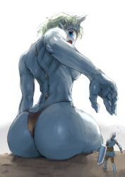 Rule 34 | 1boy, 1girl, ass, back, backboob, blue eyes, blue oni, blue skin, blush, breasts, colored skin, cyclops, ebizome, fang, fantasy, from behind, giant, giantess, green hair, helmet, highres, horns, knight, looking back, monster girl, muscular, muscular female, one-eyed, oni, open mouth, original, partially visible vulva, pointy ears, shield, single horn, sitting, size difference, topless