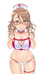 Rule 34 | 1girl, aimobake, bespectacled, blush, bra, breasts, breasts squeezed together, brown hair, clothing cutout, collar, cowboy shot, detached collar, frilled bra, frills, glasses, green eyes, half-closed eyes, hat, heart, heart cutout, heart print, highres, idolmaster, idolmaster cinderella girls, large breasts, looking at viewer, medium hair, navel, nurse cap, open mouth, panties, red-framed eyewear, simple background, solo, standing, string panties, swept bangs, thigh strap, underwear, underwear only, white background, white collar, white hat, white panties, yanagi kiyora