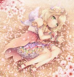 Rule 34 | 1girl, ahoge, bare legs, bare shoulders, blonde hair, blush, bow, cherry blossoms, clenched hand, dress, eyelashes, fairy wings, fake wings, flower, frilled skirt, frills, full body, green eyes, hair flower, hair ornament, head wreath, holding, idolmaster, idolmaster cinderella girls, idolmaster cinderella girls starlight stage, layered skirt, leaf, looking at viewer, low twintails, lying, medium hair, messy hair, multicolored clothes, multicolored dress, multicolored skirt, on ground, on side, open mouth, outdoors, petals, pink flower, platform footwear, pleated skirt, purple flower, red bow, red ribbon, ribbon, sandals, shiny skin, short sleeves, skirt, solo, spaghetti strap, strap slip, swept bangs, tsukudato, twintails, two-tone dress, wings, wrist bow, wrist cuffs, yellow flower, yusa kozue