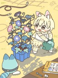 Rule 34 | 1girl, :3, :d, animal ear fluff, animal ears, blonde hair, bow, bowtie, brown eyes, chibi, commentary request, diary, elbow gloves, eraser, extra ears, flower, flower pot, full body, gloves, holding, holding watering can, jump rope, kemono friends, kemono friends 3, kuro shiro (kuro96siro46), lucky beast (kemono friends), morning glory, multicolored hair, open mouth, outdoors, pen, pink flower, plant, potted plant, print bow, print bowtie, print gloves, print skirt, purple flower, serval print, shirt, short hair, skirt, smile, solo, standing, tail, thighhighs, water, watering, watering can, white serval (kemono friends), white shirt, yellow gloves, yellow skirt