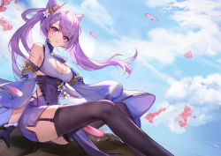 1girl absurdres adapted_costume bare_shoulders black_gloves black_thighhighs blue_sky blush breasts cleavage cleavage_cutout clothing_cutout cloud cone_hair_bun crop_top day detached_sleeves flower garter_straps genshin_impact gloves hair_bun hair_flower hair_ornament high-waist_skirt highres keqing_(genshin_impact) long_hair long_sleeves looking_at_viewer medium_breasts outdoors parted_lips pink_eyes purple_hair purple_skirt see-through_clothes side_slit sitting skirt sky smile solo thighhighs twintails underbust white_flower yi_(saver5607)