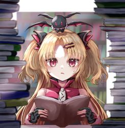 Rule 34 | 1girl, akatsuki uni, bat (animal), blonde hair, blurry, blurry background, blush, book, book stack, fingerless gloves, gloves, hair ornament, hairclip, highres, indie virtual youtuber, kayon (touzoku), library, looking at viewer, portrait, reading, red eyes, solo, sweatdrop, table, virtual youtuber