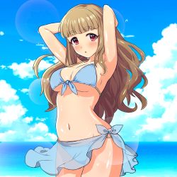 Rule 34 | 1girl, :o, armpits, arms behind head, arms up, bad id, bad pixiv id, bikini, blue sarong, blue sky, blunt bangs, blush, breasts, brown hair, cloud, cloudy sky, commentary request, cowboy shot, eyebrows, front-tie bikini top, front-tie top, halterneck, highres, horizon, idolmaster, idolmaster cinderella girls, kamiya nao, large breasts, lens flare, long hair, looking at viewer, melnia0916, ocean, open mouth, purple eyes, sarong, see-through, sky, solo, standing, string bikini, swimsuit, wet