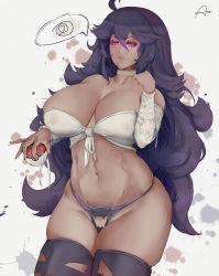 Rule 34 | 1girl, ahoge, araneesama, breasts, creatures (company), curvy, game freak, glowing, glowing eyes, hex maniac (pokemon), huge breasts, long hair, navel, nintendo, pink eyes, pokemon, pokemon xy, purple hair, pussy, pussy peek, revealing clothes, skindentation, solo, standing, thick thighs, thighhighs, thighs