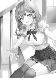 Rule 34 | 1girl, ahoge, blush, breasts, buttons, collarbone, collared shirt, commentary request, crossed bangs, dress shirt, feet out of frame, flower, greyscale, hair between eyes, hair flower, hair ornament, hair over shoulder, hairpin, happy, head tilt, highres, indoors, knees together feet apart, large breasts, long hair, looking at viewer, loose neck ribbon, mariya mikhailovna kujou, momoko (momopoco), monochrome, neck ribbon, novel illustration, official art, open mouth, outstretched arms, pleated skirt, puffy short sleeves, puffy sleeves, reaching, reaching towards viewer, ribbon, school uniform, shirt, shirt tucked in, short sleeves, sitting, sitting on stairs, skirt, solo, stairs, swept bangs, teaching, thighhighs, tokidoki bosotto roshia-go de dereru tonari no arya-san, window