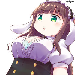 Rule 34 | 1girl, :o, alternate costume, animal ears, blunt bangs, blush, bolo tie, bra, breasts, brown hair, cleavage, collared shirt, commentary request, fake animal ears, fleur de lapin uniform, floppy ears, frilled shirt, frills, fuguno, gochuumon wa usagi desu ka?, green bra, green eyes, highres, large breasts, long hair, looking at viewer, maid headdress, motion lines, parted lips, partially unbuttoned, puffy short sleeves, puffy sleeves, rabbit ears, shirt, short sleeves, simple background, solo, twitter username, ujimatsu chiya, underbust, underwear, upper body, wardrobe malfunction, white background, white shirt, wing collar