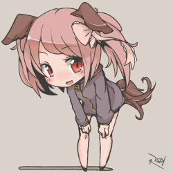 Rule 34 | 1girl, animal ears, blush, bow, chibi, dog ears, dog tail, frills, hair ribbon, hands on own knees, katsudansou, leaning forward, pink hair, red eyes, ribbon, smile, solo, sweater, tail