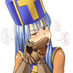 Rule 34 | 1girl, blue hair, blush, bodysuit, caressing testicles, cheek bulge, chunsoft, dildo, disembodied penis, dragon quest, dragon quest iii, enix, fellatio, gloves, hat, heart, latex, latex gloves, long hair, mitre, onigawara sharu, oral, penis, pinky out, poking, priest (dq3), red eyes, saliva, sex toy, shiny clothes, silver hair, simple background, skin tight, solo focus, speech bubble, spoken heart, testicles, tongue, translated, uncensored