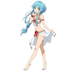 Rule 34 | 10s, 1girl, asuna (sao), asuna (sao-alo), barefoot, bikini, blue eyes, blue hair, breasts, cleavage, feet, full body, highres, long hair, long legs, matching hair/eyes, navel, official art, pointy ears, sarong, see-through, simple background, solo, swimsuit, sword art online, sword art online: code register, toes, white background, white bikini