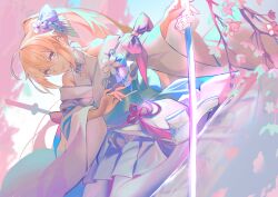 Rule 34 | 1girl, absurdres, ahoge, blonde hair, blue eyes, blue sky, bow, branch, character request, cherry blossoms, fate (series), flower, heels, highres, hiro (hirohiro gorira), holding, holding weapon, japanese clothes, katana, kimono, kneeling, nails, sky, smile, sword, weapon