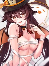 Rule 34 | 1girl, :d, atychi, bandages, bat wings, black choker, boo tao, brown hair, choker, commentary, genshin impact, halloween costume, hat, highres, hu tao (genshin impact), long hair, mummy costume, open mouth, pendant choker, red eyes, smile, solo, symbol-only commentary, symbol-shaped pupils, twintails, upper body, wings, witch hat