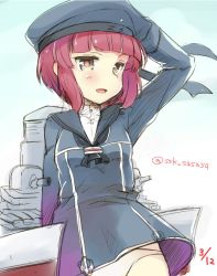 Rule 34 | 10s, 1girl, bad id, bad pixiv id, blush, brown eyes, clothes writing, hat, kantai collection, panties, red hair, sailor collar, sailor hat, short hair, sketch, solo, ssk sasasa, twitter username, underwear, white panties, z3 max schultz (kancolle)