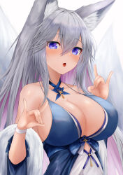 Rule 34 | 1girl, :o, :p, absurdres, animal ears, azur lane, bare shoulders, blue eyes, blue kimono, blush, breasts, butterfly ornament, cleavage, double fox shadow puppet, fox ears, fox girl, fox shadow puppet, fox tail, hair between eyes, hands up, highres, japanese clothes, kimono, kitsune, large breasts, long hair, looking at viewer, multicolored hair, multiple tails, no bra, official alternate costume, pink hair, purple eyes, ryara, shinano (azur lane), shinano (dreams of the hazy moon) (azur lane), sideboob, slit pupils, solo, staring, tail, tongue, tongue out, two-tone hair, upper body, very long hair, white hair