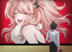 Rule 34 | 1boy, :d, ahoge, bare shoulders, bear hair ornament, belt, black belt, black dress, black hair, black pants, blush, closed eyes, cowboy shot, danganronpa, danganronpa/zero, danganronpa (series), danganronpa 3 (anime), dress, enoshima junko, from behind, fur collar, hair ornament, happy, highres, holding, hy (fjvlg), long sleeves, matsuda yasuke, open mouth, pants, shirt partially tucked in, short hair, smile, solo, standing, twintails