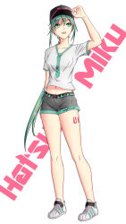 Rule 34 | 1girl, :d, alternate hairstyle, arm behind back, bad id, bad pixiv id, black hat, character name, collarbone, full body, geduan, green eyes, green hair, grey shirt, grey shorts, hair between eyes, hat, hatsune miku, highres, long hair, midriff, navel, open mouth, ponytail, print shirt, shirt, shoes, short shorts, short sleeves, shorts, simple background, smile, sneakers, solo, stomach, t-shirt, tattoo, very long hair, vocaloid, white background, white footwear