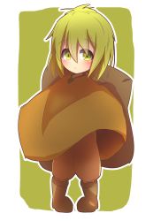 Rule 34 | 1girl, absurdres, blush, boots, brown footwear, brown pants, commentary request, food, fruit, full body, green background, green eyes, green hair, hair between eyes, highres, idaten93, kiwi (fruit), looking at viewer, original, pants, pants tucked in, personification, pigeon-toed, poncho, puffy pants, solo, standing, two-tone background, white background