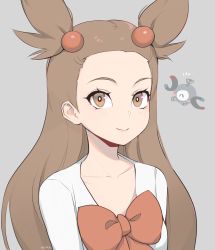 Rule 34 | 1girl, bow, bright pupils, brown eyes, brown hair, closed mouth, collarbone, commentary, creatures (company), eyelashes, game freak, gen 1 pokemon, grey background, hair bobbles, hair ornament, highres, jasmine (pokemon), long hair, looking at viewer, magnemite, milka (milk4ppl), nintendo, orange bow, pokemon, pokemon (creature), pokemon hgss, shirt, signature, simple background, smile, two side up, upper body, white pupils, white shirt