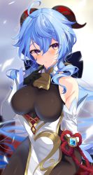 Rule 34 | absurdres, ahoge, artist name, bare shoulders, bell, black gloves, black legwear, blue hair, blush, bow, breasts, chinese knot, detached sleeves, finger to mouth, flower knot, ganyu (genshin impact), genshin impact, gloves, gold trim, highres, horns, large breasts, long hair, multicolored eyes, neck bell, parted lips, purple eyes, red rope, rope, sidelocks, sitting, solo, teltelhousi, twitter username, vision (genshin impact), white sleeves