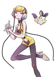 Rule 34 | 1girl, bare arms, blonde hair, blunt bangs, breasts, brown pantyhose, choker, cleavage, closed mouth, collarbone, commentary request, creatures (company), ebichi (mon600n), elesa (pokemon), emolga, eyelashes, game freak, gen 5 pokemon, hands up, headphones, high heels, highres, leg up, nail polish, nintendo, pantyhose, pokemon, pokemon (creature), pokemon bw, purple eyes, short hair, simple background, smile, white background, yellow footwear