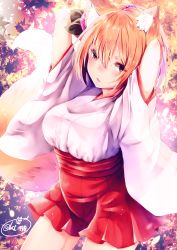 Rule 34 | 1girl, animal ear fluff, animal ears, arms behind head, arms up, breasts, chita (ketchup), cowboy shot, flower, fox ears, fox girl, fox tail, hair between eyes, hair flower, hair ornament, hakama, hakama skirt, highres, japanese clothes, kimono, large breasts, leaf, leaf background, looking at viewer, maple leaf, miko, open mouth, orange hair, original, red eyes, red hakama, short hair, signature, skirt, solo, tail, thick eyebrows, twitter username, wide sleeves