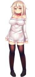 Rule 34 | 1girl, bare shoulders, black thighhighs, blonde hair, blush, breasts, cleavage, collar, full body, highres, kubiwa (kutan), kutan, large breasts, loafers, long hair, looking at viewer, off-shoulder, off-shoulder sweater, off shoulder, original, red eyes, ribbed sweater, shoes, solo, sweater, thighhighs, transparent background, white background, zettai ryouiki