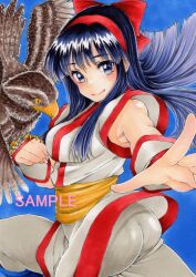 Rule 34 | 1girl, ainu clothes, armpit peek, ass, blue eyes, blue hair, breasts, fingerless gloves, gloves, hair ribbon, highres, large breasts, long hair, looking at viewer, looking back, mamahaha, nakoruru, outstretched arm, pants, pink lips, ribbon, sample watermark, samurai spirits, sittting, smile, snk, the king of fighters, traditional media, watermark, weapon