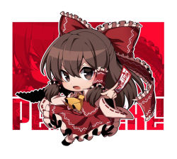 Rule 34 | 1girl, ascot, between fingers, bow, brown eyes, brown hair, chibi, detached sleeves, full body, hair between eyes, hair bow, hair tubes, hakurei reimu, holding, kamenozoki momomo, long hair, looking at viewer, nontraditional miko, open mouth, outline, red bow, red ribbon, red shirt, red skirt, ribbon, ribbon-trimmed sleeves, ribbon trim, shirt, skirt, solo, touhou, v-shaped eyebrows, white outline, yellow ascot, zoom layer