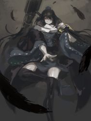 Rule 34 | 1girl, bird wings, black feathers, black thighhighs, black wings, blue dress, blue hat, closed mouth, dark background, dress, feathers, hair over one eye, hat, highres, holding tripod, iizunamaru megumu, looking at viewer, one eye closed, ribbon-trimmed dress, shoulder guard, smile, solo, sunnysideup, thighhighs, tokin hat, touhou, tripod, wings