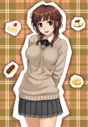 Rule 34 | 1girl, :d, amagami, argyle, argyle background, argyle clothes, arms behind back, breasts, brown eyes, brown hair, cake, cake slice, cream puff, doughnut, food, fruit, hida tatsuo, large breasts, open mouth, pastry, plaid, plaid background, pleated skirt, pudding, sakurai rihoko, school uniform, skirt, smile, solo, strawberry, strawberry shortcake, sweater