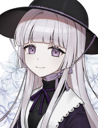 Rule 34 | 1girl, baegbalbaegjung, black hat, closed mouth, floral background, flower, hat, highres, long hair, looking at viewer, neck ribbon, original, pointy ears, purple eyes, purple ribbon, ribbon, smile, solo, upper body, white hair