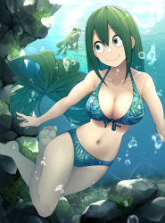 Rule 34 | 1girl, :&gt;, absurdres, asui tsuyu, barefoot, bikini, boku no hero academia, breasts, bubble, cleavage, closed mouth, collarbone, foot out of frame, frog, front-tie bikini top, front-tie top, grass, green bikini, green eyes, green hair, highres, kobaji, large breasts, long hair, looking to the side, low-tied long hair, navel, revision, rock, solo, stomach, swimsuit, underwater, water