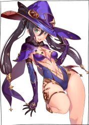 Rule 34 | 1girl, absurdres, black gloves, black hair, blue cape, blue hat, blue leotard, breasts, cape, choker, detached sleeves, elbow gloves, fur collar, genshin impact, gloves, gold trim, green eyes, hat, hat ornament, highleg, highleg leotard, highres, kei (soundcross), leotard, long hair, looking at viewer, medium breasts, mona (genshin impact), navel, open mouth, simple background, smile, solo, thighlet, thighs, twintails, white background, witch hat