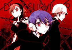 Rule 34 | 1girl, 2boys, blue hair, breasts, brown hair, camisole, chain, city, closed mouth, devil survivor, energy, eyebrows, hairband, hat, kihara atsurou, looking afar, looking at viewer, looking to the side, megami tensei, multiple boys, parted lips, protagonist (devil survivor), red eyes, red sky, short hair, sky, striped, tanigawa yuzu, white headwear