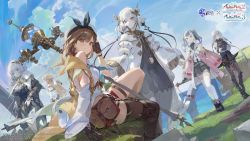 Rule 34 | 5girls, absurdres, atelier (series), atelier ryza, atelier ryza 2, atelier ryza 3, azur lane, beret, blue sky, breasts, brown eyes, brown hair, closed mouth, cloud, cloudy sky, commentary request, copyright name, full body, hat, highres, holding, kala ideas, klaudia valentz, lila decyrus, logo, looking at viewer, manjuu (azur lane), medium breasts, multiple girls, official art, patricia abelheim, reisalin stout, serri glaus, short shorts, shorts, simple background, sitting, sky, smile, staff, standing, thigh strap, thighs